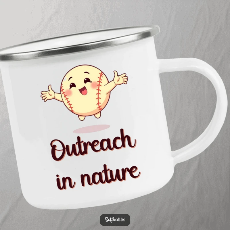 Funny enamel camping mug featuring a softball striking a dynamic pose with arms outstretched. Durable and humorous outdoor gear.