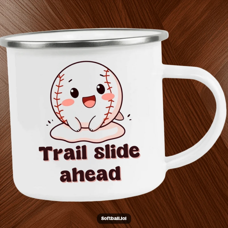 Funny softball camping mug featuring a cheerful character sliding into a base, designed for rugged fun and humorous appeal.