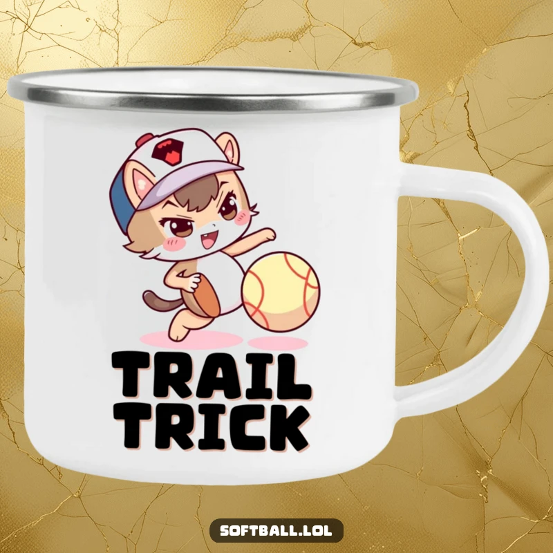 Funny camping mug with a mischievous character dribbling a softball with its foot, ideal for outdoors.