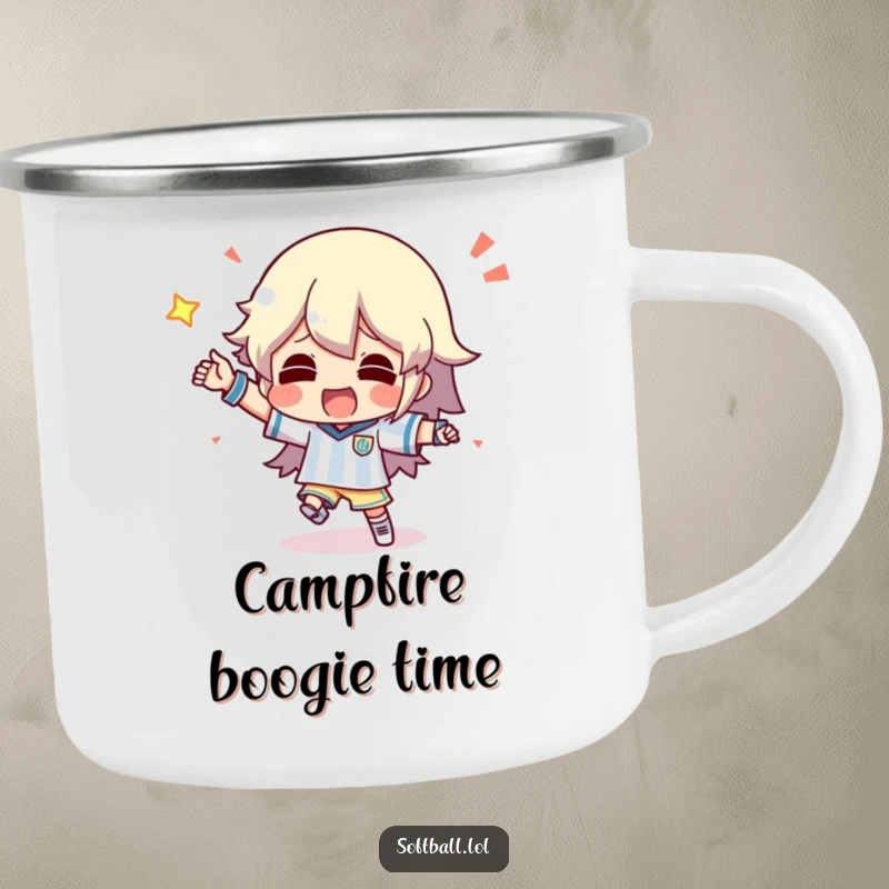 Funny camping mug with a character doing a silly dance after scoring, durable and humorous for outdoor fun.