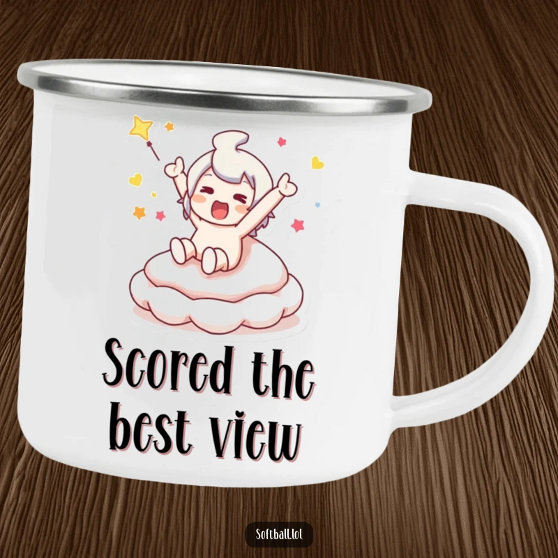 Funny camping mug showing a character sliding into a bouncy base, bringing sports humor to outdoor adventures.