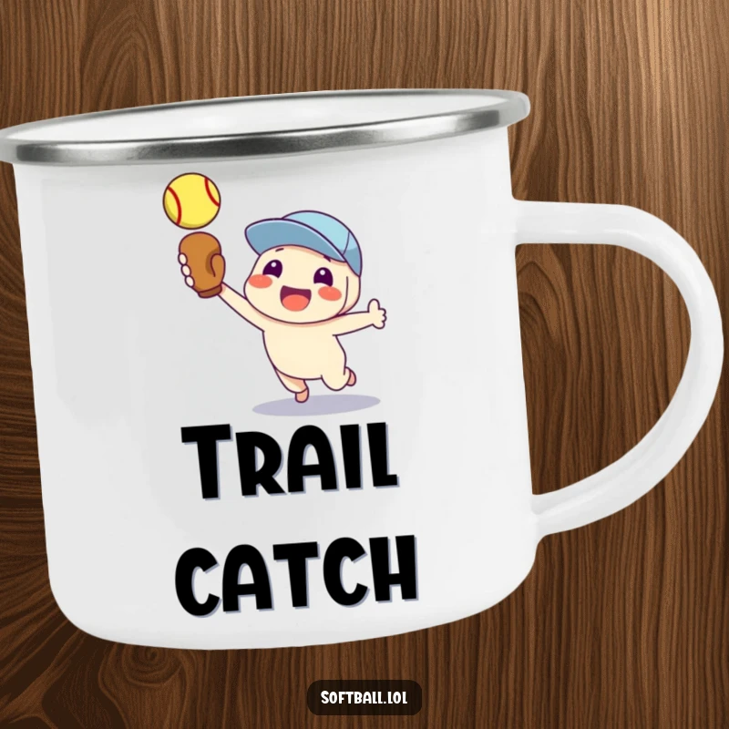 Funny camping mug with a proud character catching a softball, perfect for outdoor enthusiasts.