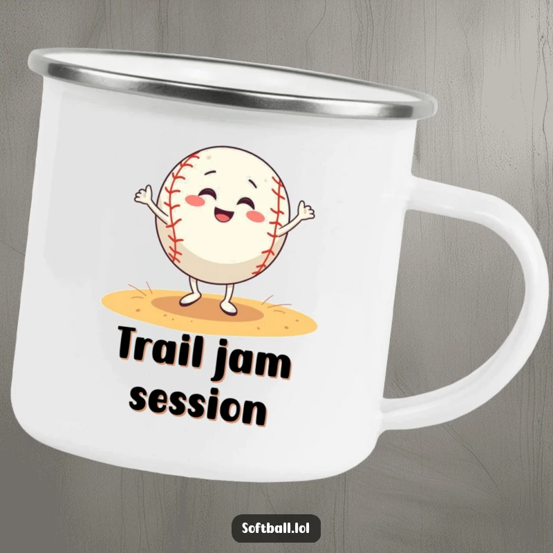 Funny softball camping mug features a grinning softball character dancing energetically, perfect for outdoor humor and hydration.