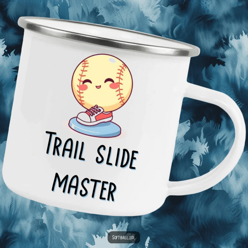 Funny softball wearing tiny sneakers sliding into a base with a flourish, sturdy and humorous camping mug