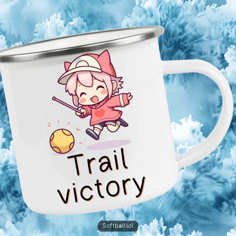 Funny camping mug showing a character performing a silly, triumphant jump after hitting a ball outdoors.