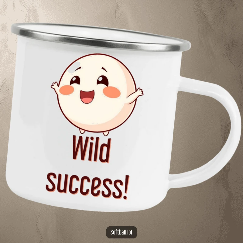 Funny cheerful softball camping mug, rosy cheeks, cheering, perfect for outdoor fun and funny gifts.