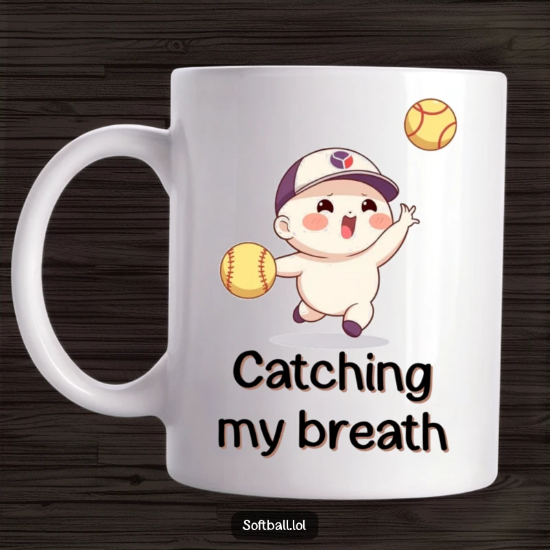 Funny softball mug depicting a nimble character expertly catching a fast-flying ball with impressive agility and focus.