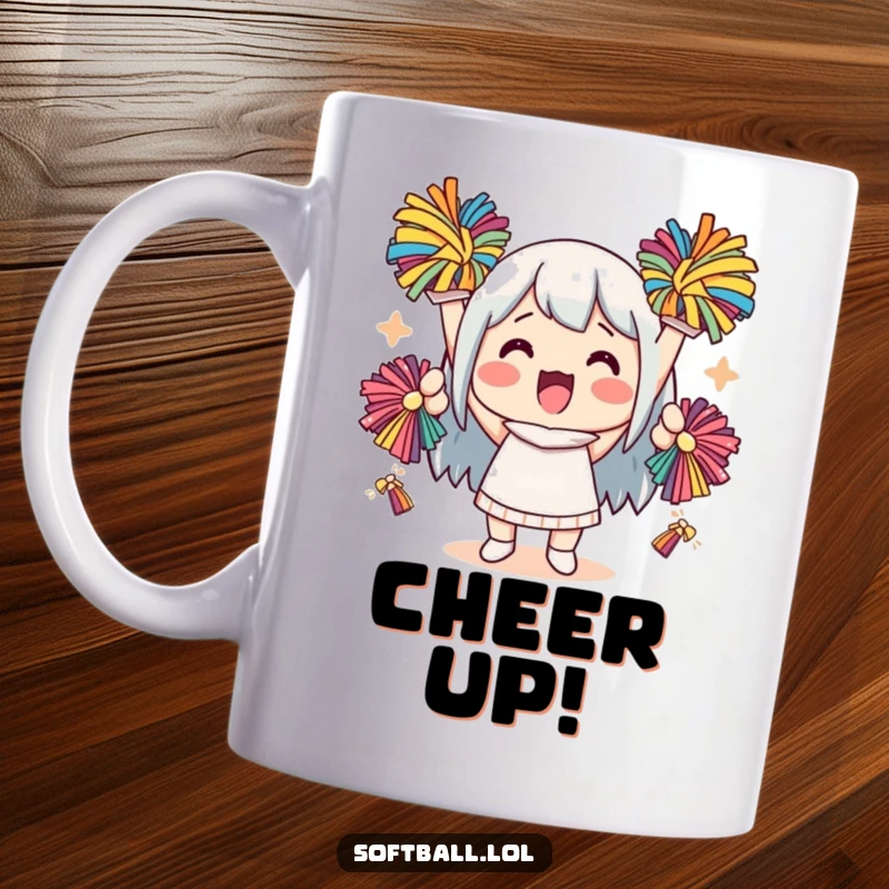 Funny kawaii character mug with a cute character enthusiastically cheering with colorful pom-poms, radiating joy and spirit.