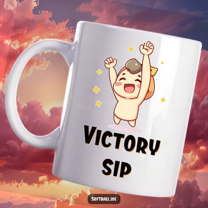 Funny mug with a joyful character cheering with arms up after a successful baseball hit.