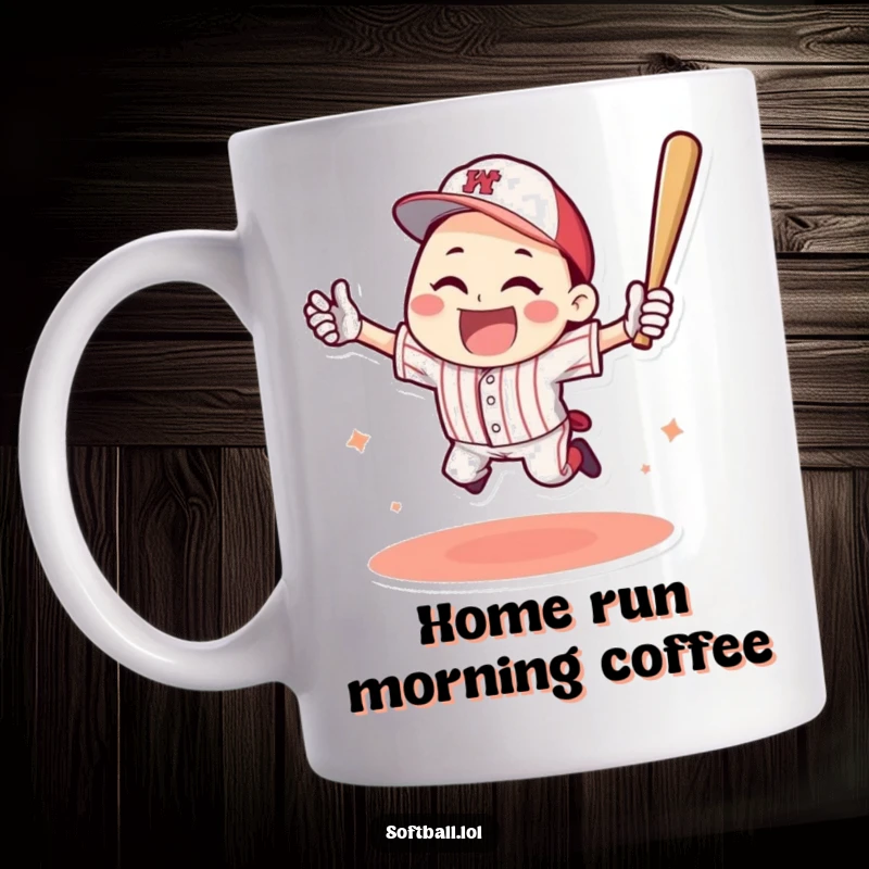 Funny mug featuring a happy character triumphantly jumping after hitting a baseball home run, capturing pure athletic joy.