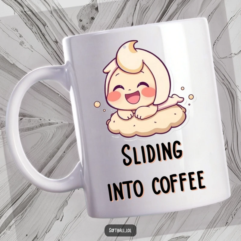 Funny baseball sloth bear mug showing a character sliding into base with a dust cloud and a huge, triumphant grin.