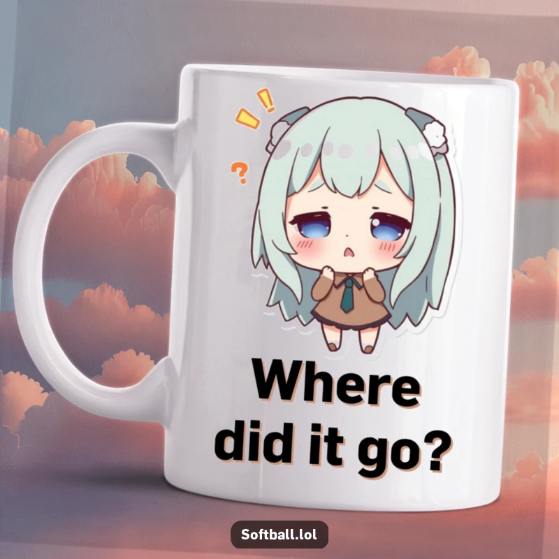 Funny mug showing a surprised character realizing they missed a hit, with an expression of comical shock.