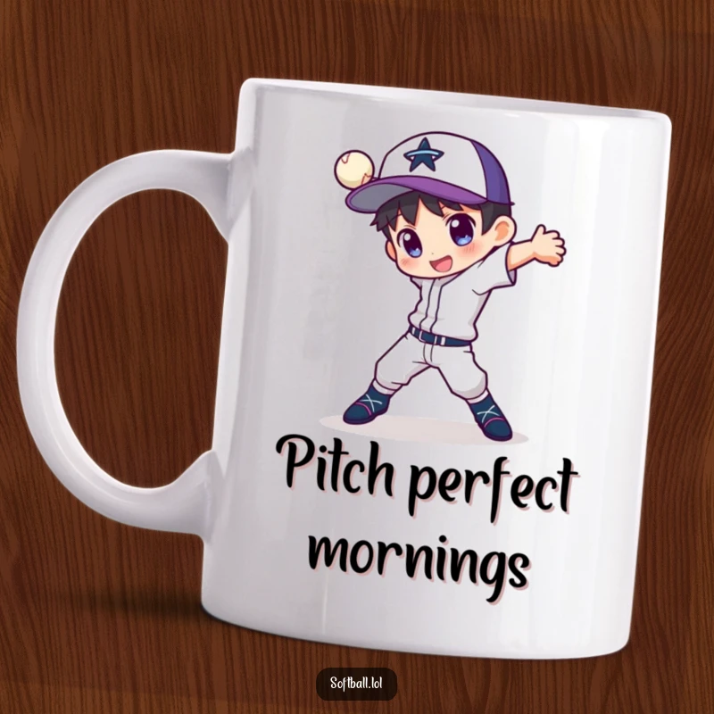 Funny mug featuring a character in a dynamic pose, showcasing a fancy pitching motion, perfect for baseball lovers.