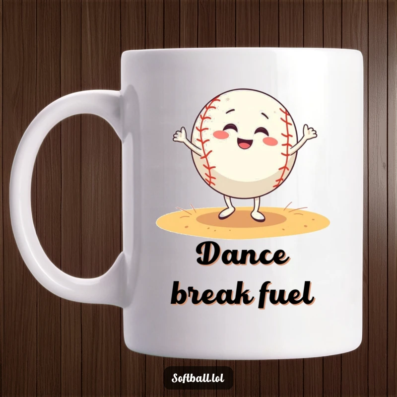 Funny softball mug shows a grinning softball character performing a silly, energetic dance on a baseball field, full of humor and movement.