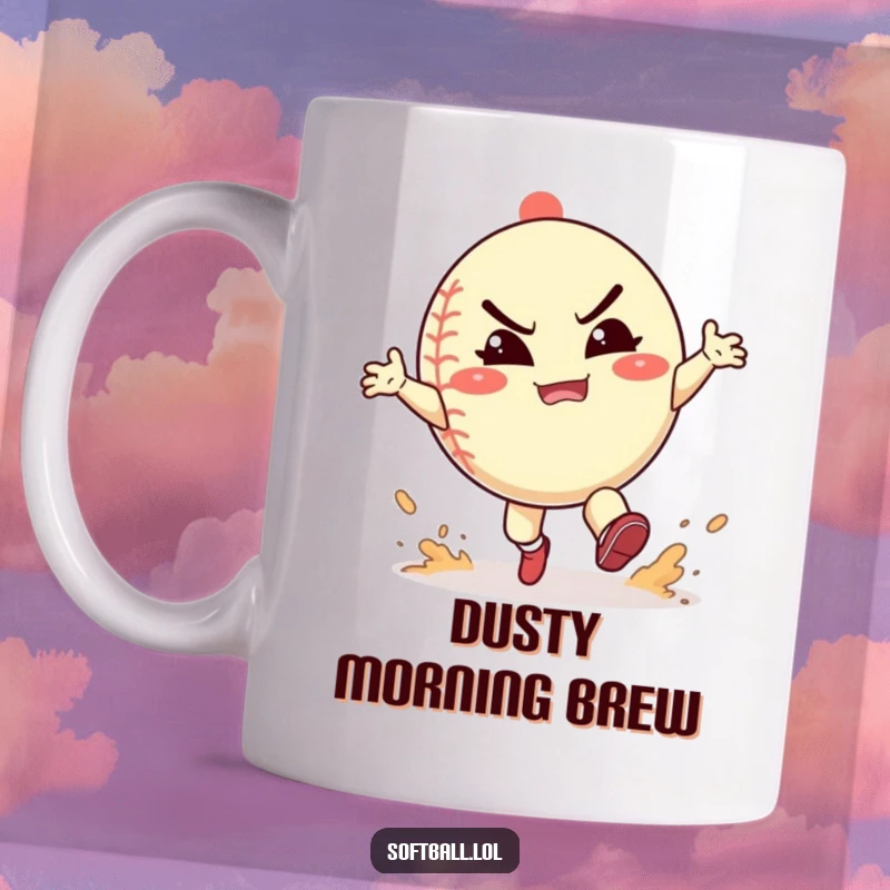 Funny softball mug showing a character playfully kicking up dust with a determined, happy grimace, full of energetic spirit.