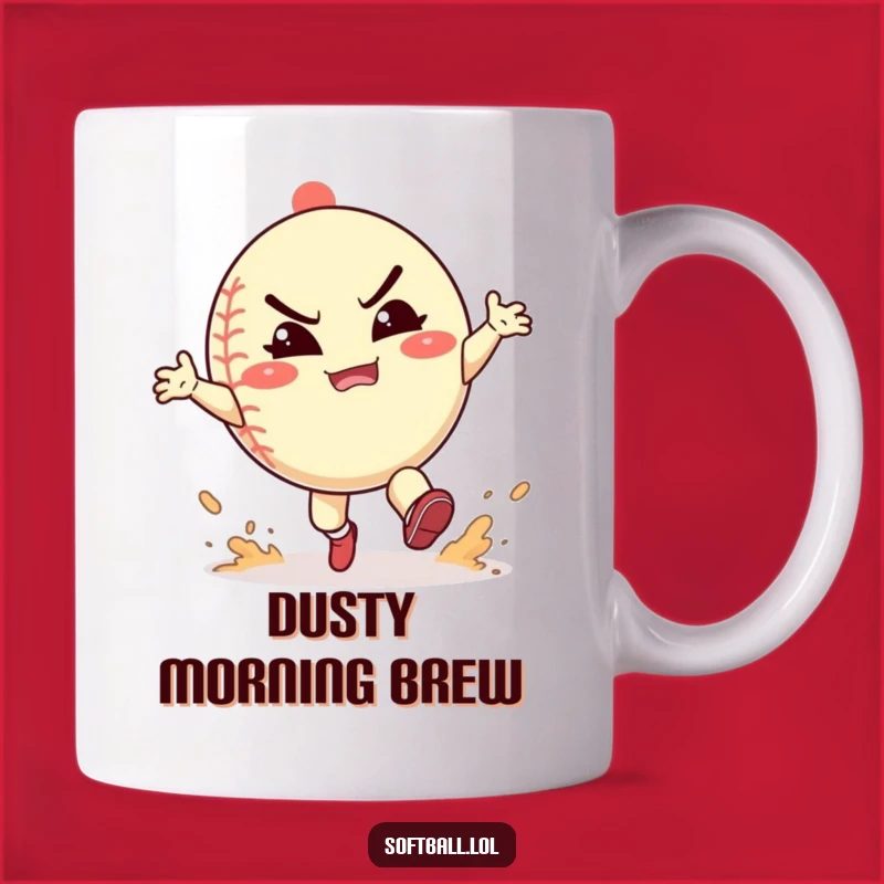 Funny Softball Dust Kick Mug: Playful Character's Grimace, Energetic Action, Perfect Funny Gift