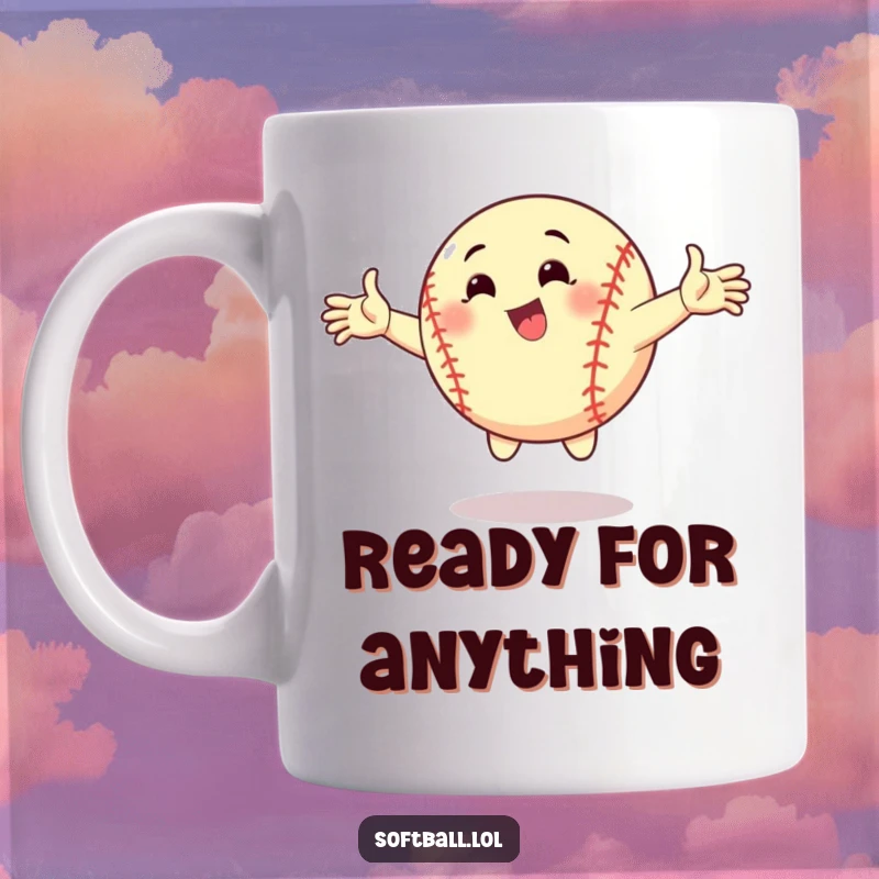 Funny mug showing a cartoon softball striking a dynamic pose with arms outstretched. A humorous gift for active individuals.