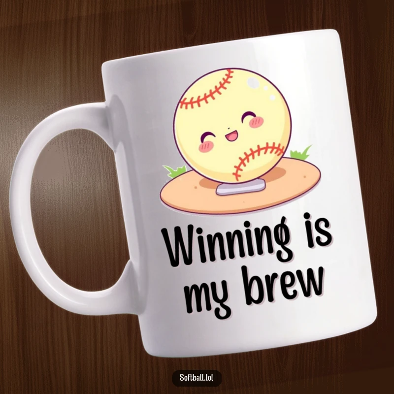 Funny mug depicting a softball confidently sliding into home plate. A humorous gift for softball players and fans.