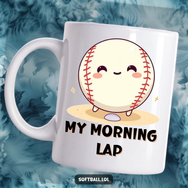 Funny softball mug capturing a happy softball character rolling with glee around the bases, a delightful gift for athletes.