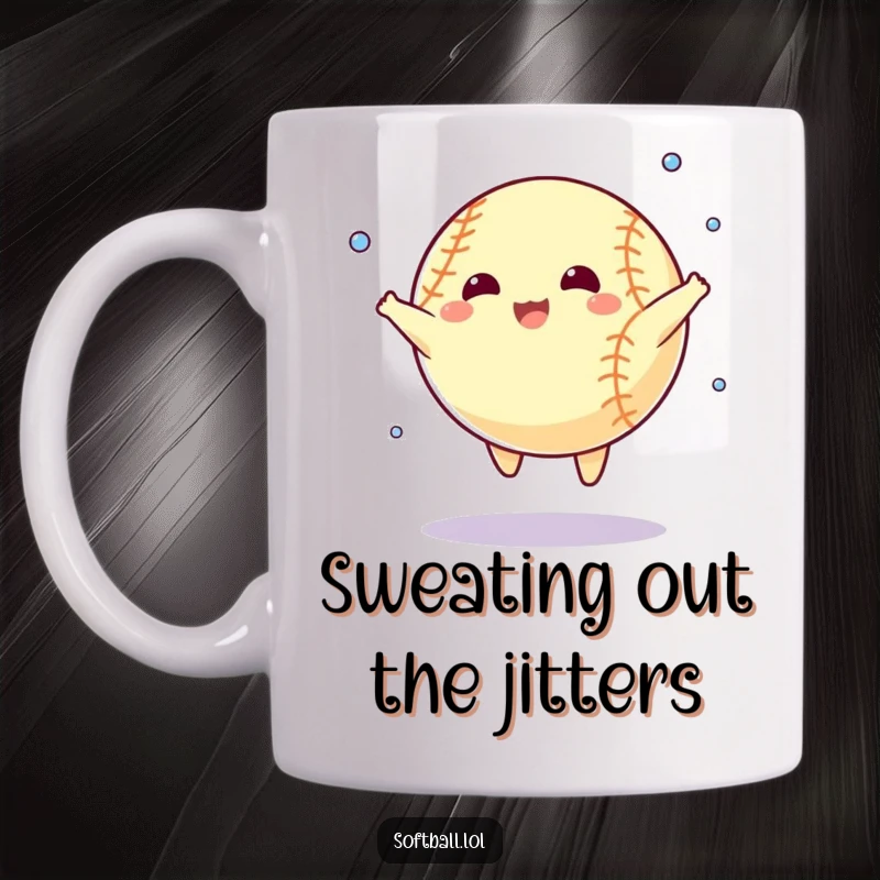 Funny mug featuring a cartoon softball in mid-star jump, sweating tiny droplets. A humorous gift for fitness enthusiasts.