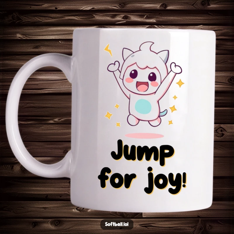 Funny Victory Jump Mug, featuring a kawaii character performing a happy jump after a hit, embodying pure joy and accomplishment.