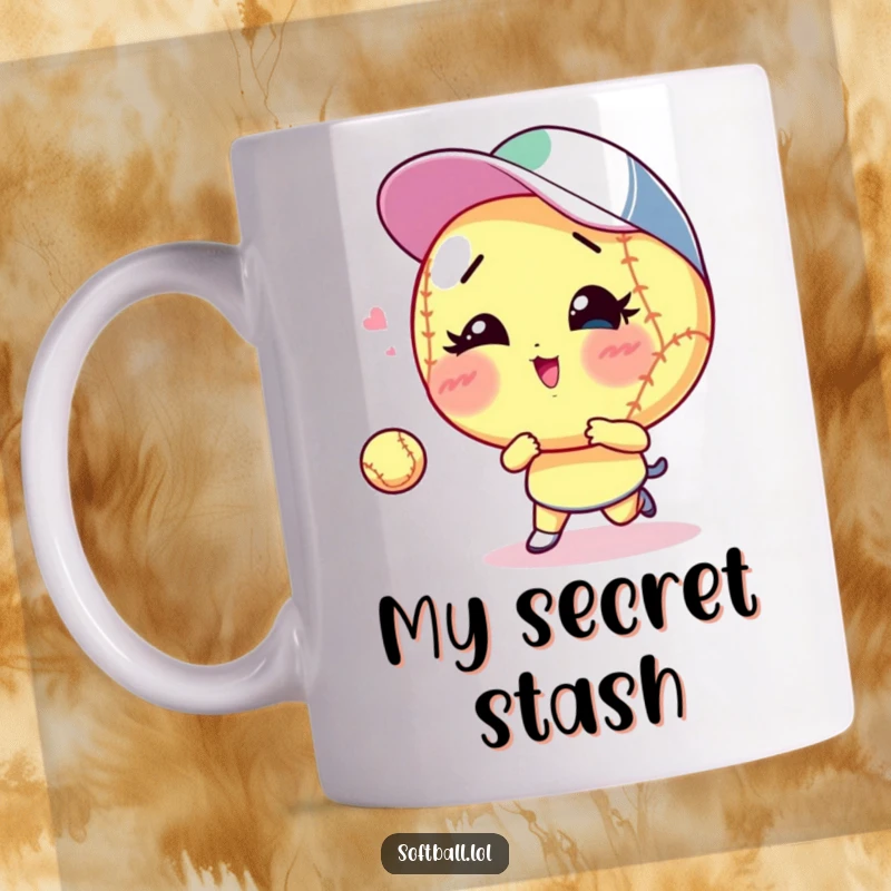 Funny winking softball mug, depicted in the act of playing catch, ideal for a funny gift and playful decor.