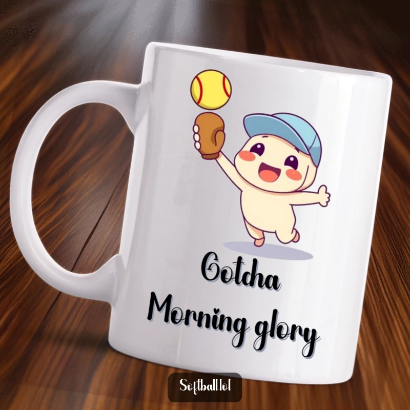 Funny mug with a delighted character proud of catching a flying softball in its glove, perfect for sports fans.