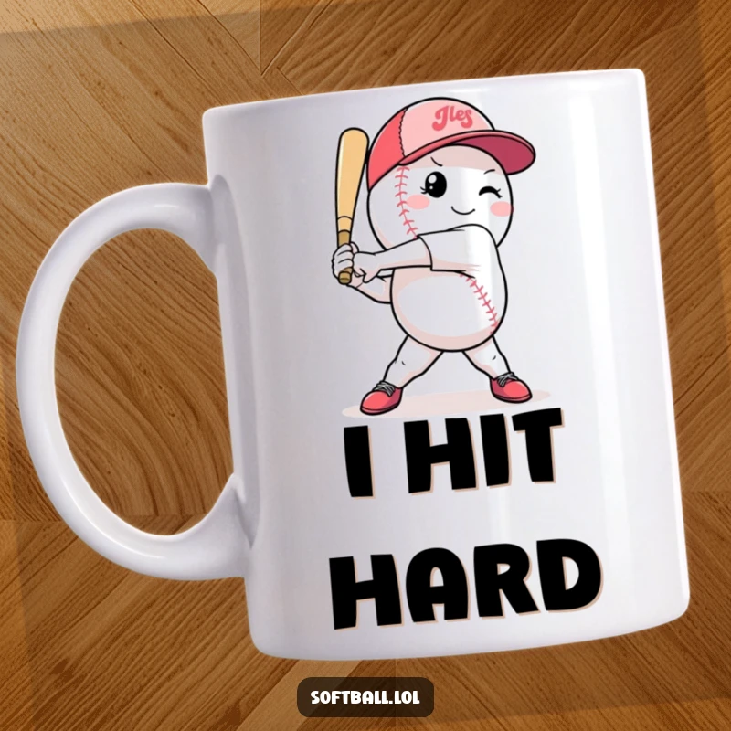 Funny softball mug featuring a determined character in a powerful mid-swing pose, ready for action and victory.