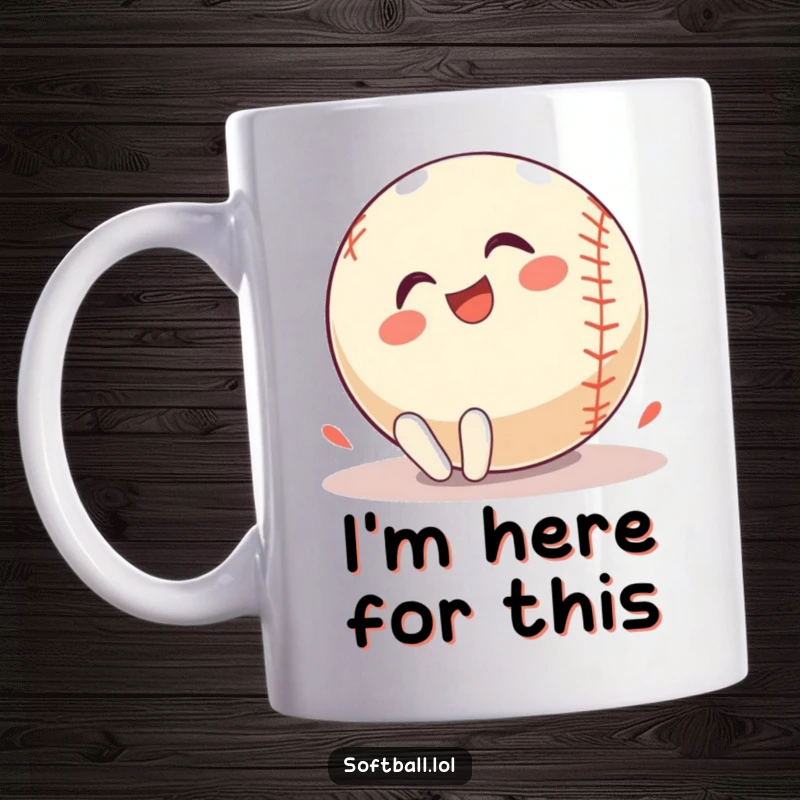 Funny Mug: A cheerful softball character is playfully rolling on the ground, bursting with pure, unadulterated glee and excitement.