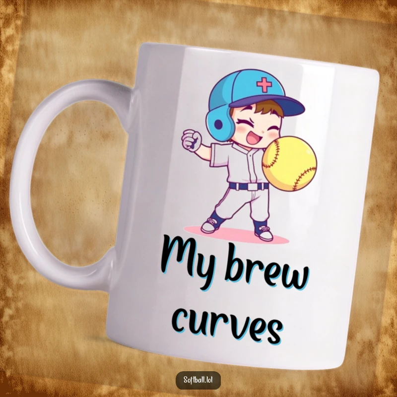 Funny softball player mug shows a character throwing a perfect curveball with a confident wink, highlighting skill and humor.