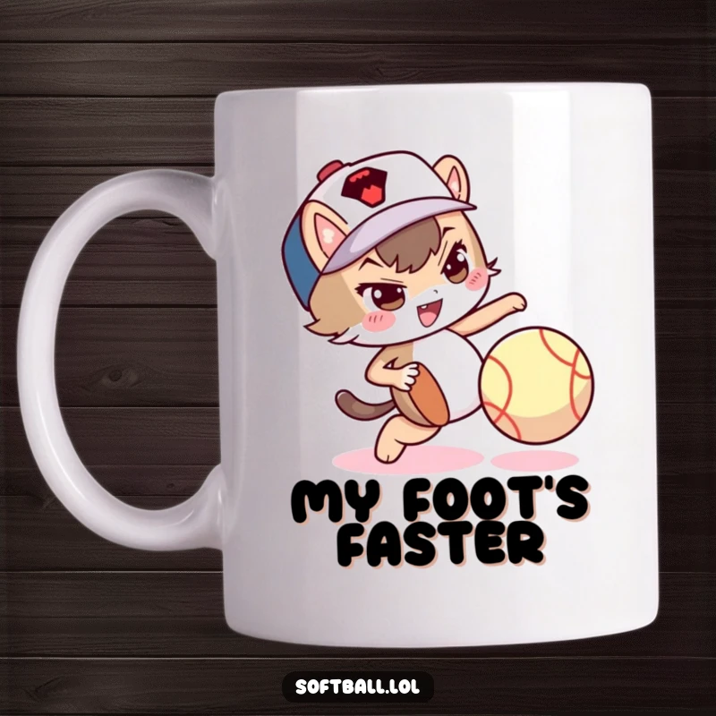 Funny mug with a mischievous character playfully dribbling a softball with its foot.