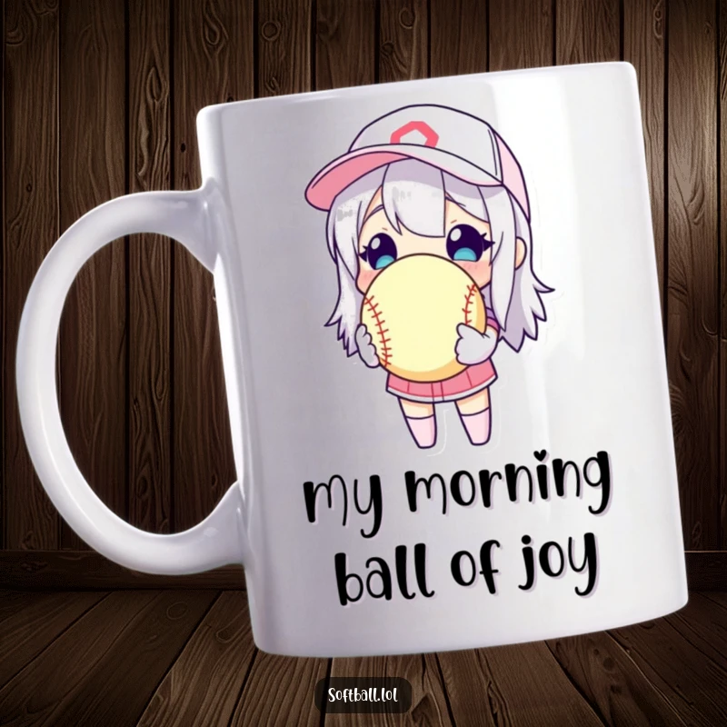 Funny character lovingly holding a softball as if it's a precious jewel, on a mug, expressing deep softball affection.