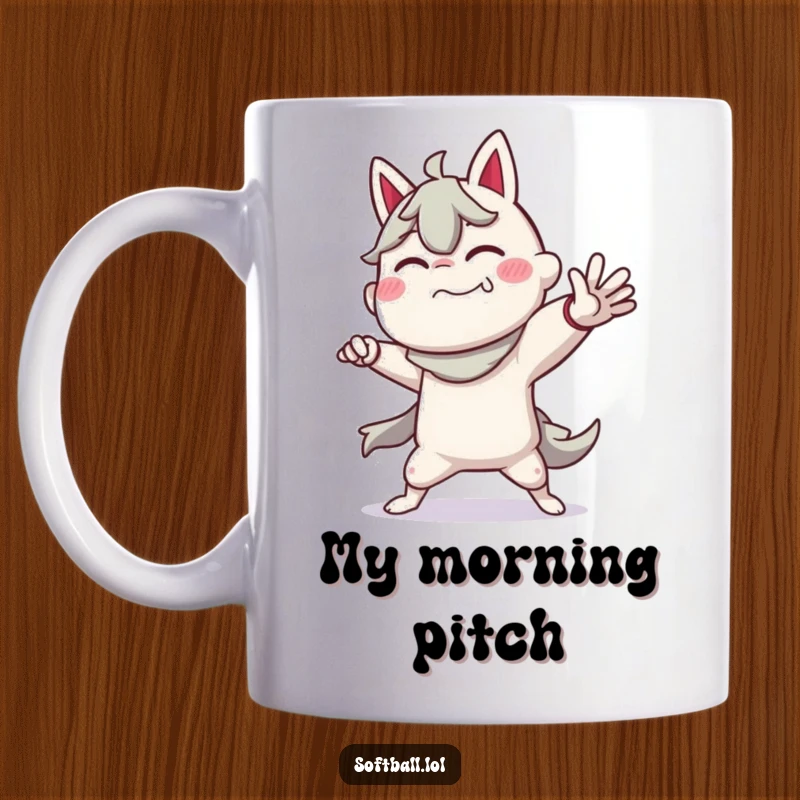 Funny mug showcasing a cartoon character in an exaggerated, dramatic pitching pose, ready to throw a strike.