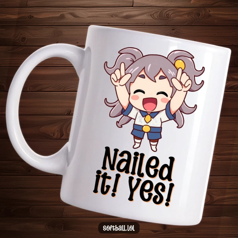 Funny mug showing a character cheering enthusiastically with arms raised high, expressing pure joy and celebration.