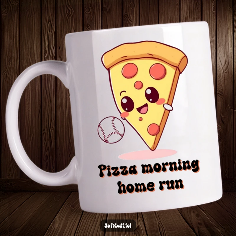 Funny giant pizza slice with googly eyes attempting to catch a baseball on a mug, embodying sporty and delicious humor.
