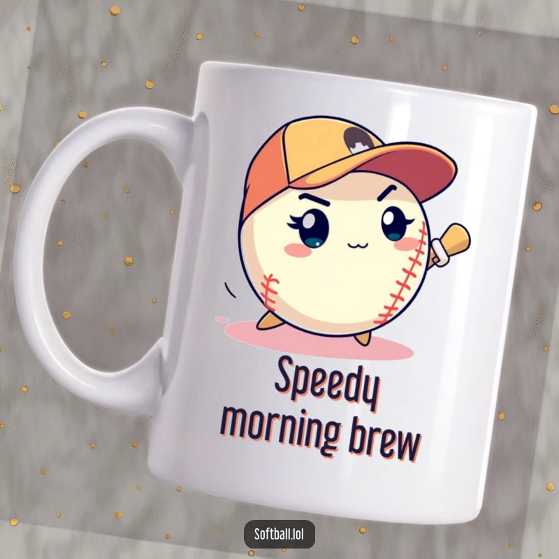 Funny softball with determined expression pitching a speedy strike, focused athlete sports gift mug