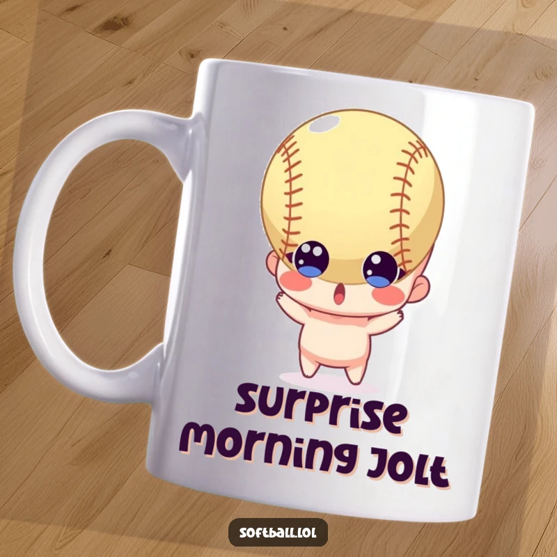 Funny mug of a surprised character with wide eyes reacting to a softball flying directly towards it, capturing a moment of shock.