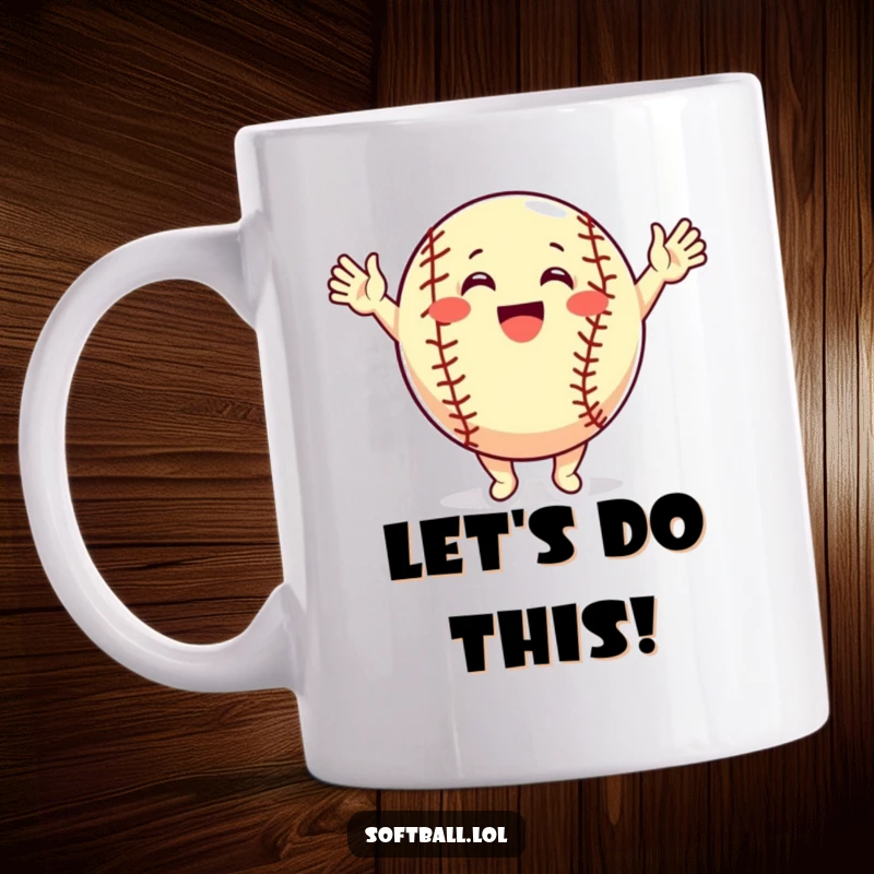 Funny Mug: A joyful softball character is enthusiastically cheering with both arms raised high in celebration.