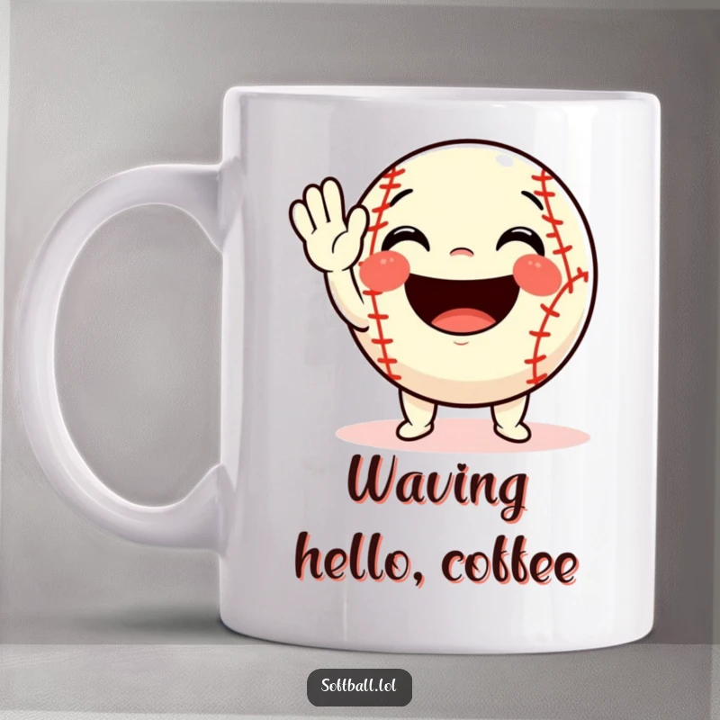 Funny softball mug featuring a cheerful character waving enthusiastically with a wide, friendly smile, radiating pure joy.