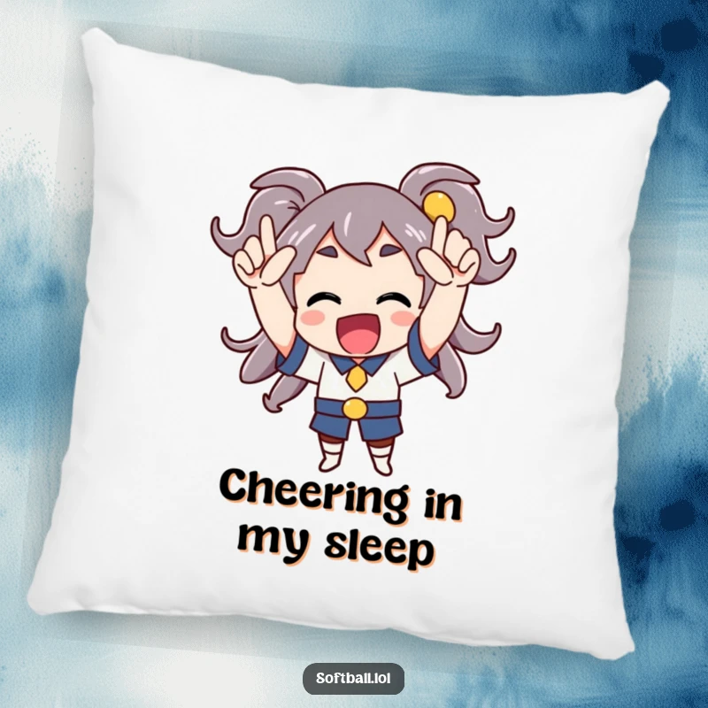 Funny pillow showing a character cheering enthusiastically with arms raised, soft and plush with celebratory art.