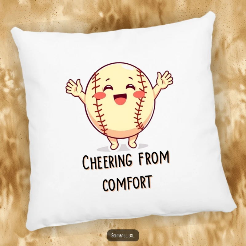 Funny Pillow: A joyful softball character cheers with arms raised, offering a soft and spirited decorative touch.