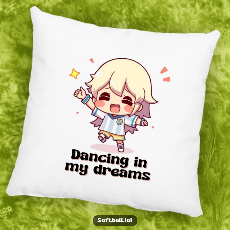 Funny pillow showing a character doing a silly dance after scoring, soft and plush with celebratory art.