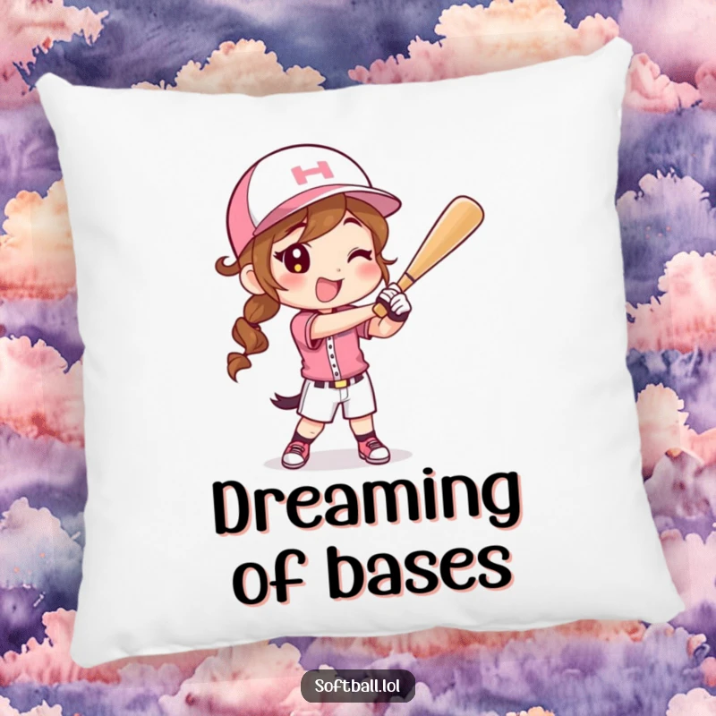Funny pillow designed with a happy character in a softball uniform swinging a bat, bringing game day vibes indoors.