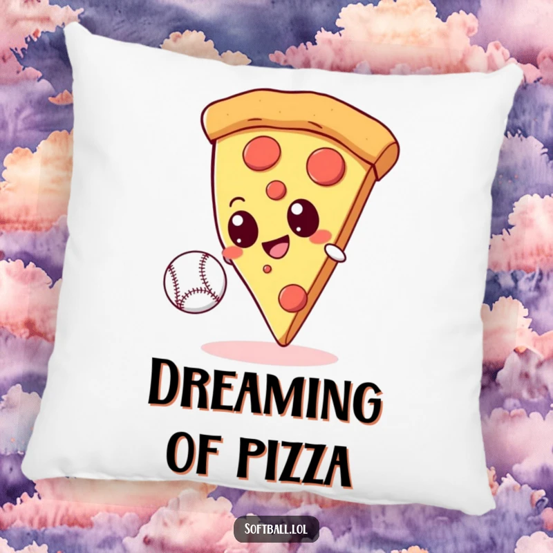 Funny giant pizza slice with googly eyes attempting to catch a baseball, depicted on a soft, decorative pillow for cozy enjoyment.