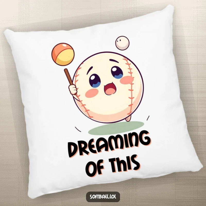 Funny softball pillow with a surprised expression in mid-catch action, great for a funny gift and decor.