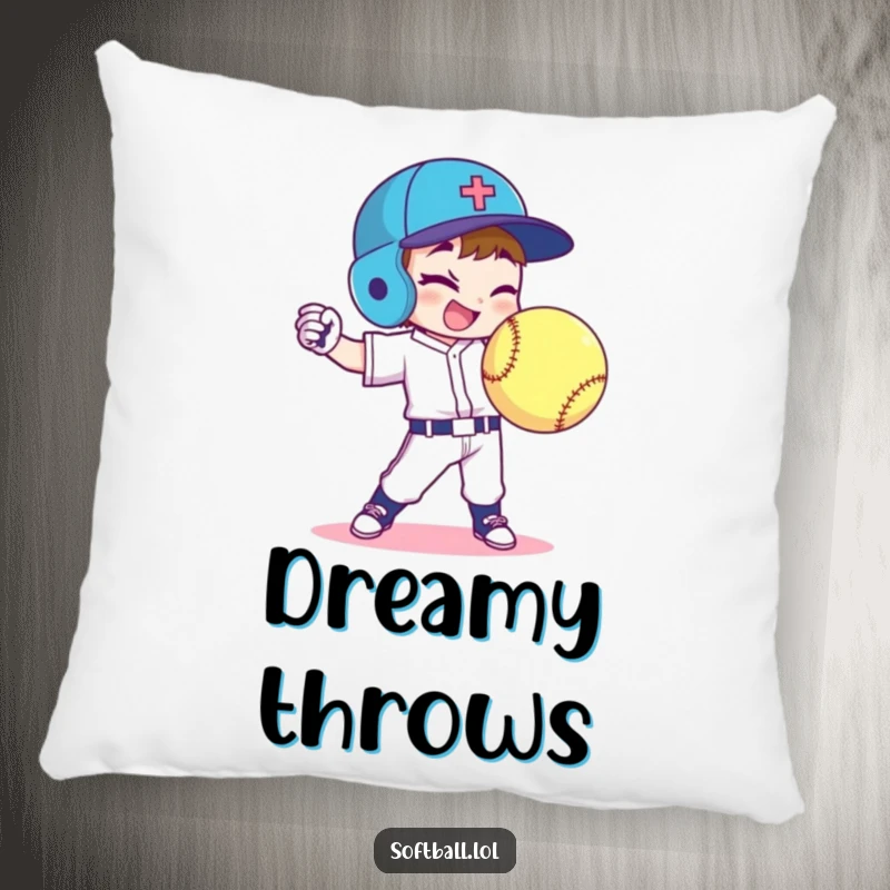 Funny softball player pillow features a character throwing a curveball with a wink, perfect for humorous and comfortable decor.