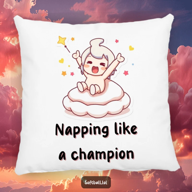 Funny pillow showcasing a character's exciting slide into a bouncy base, adding comfort and humor to any seating area.