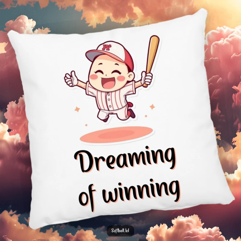 Funny pillow showing a happy character celebrating a baseball home run with a triumphant jump, offering comfort and sporty humor.