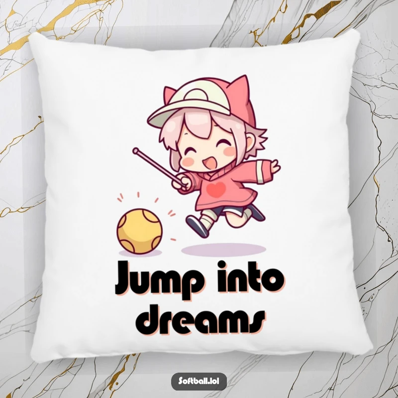 Funny pillow featuring a character in a comical, high-flying jump after hitting a ball.