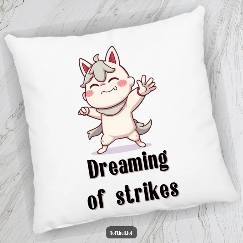 Funny pillow showcasing a character in an exaggerated, dramatic pitching pose, adding comfort and baseball humor to any setting.